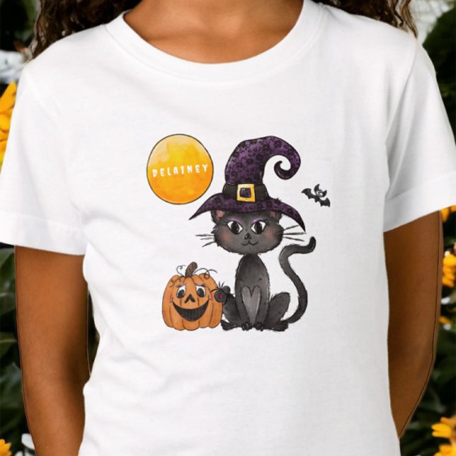 Halloween Black Cat Pumpkin Namn T Shirt (Skapare uppladdad)