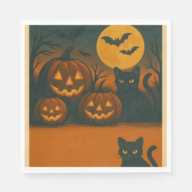 Halloween Black Cat & Pumpkin Napkins Pappersservett (Framsidan)