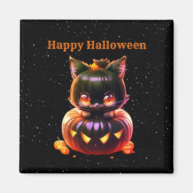 Halloween Black Cat Pumpkin Night Horror Scary Magnet (Framsidan)