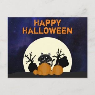 Halloween Black Cat Pumpkins Graveyard Full Moon Vykort