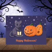 Halloween Black Cat, Pumpkins, Lantern on Purple
