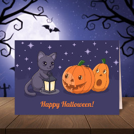 Halloween Black Cat Pumpkins Lantern Purple Kort