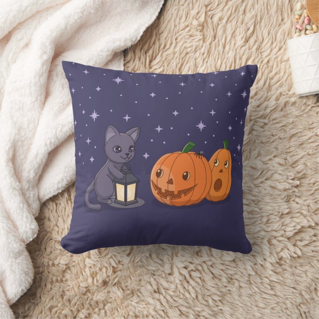 Halloween Black Cat Pumpkins Lantern Purple Kudde (Filt)