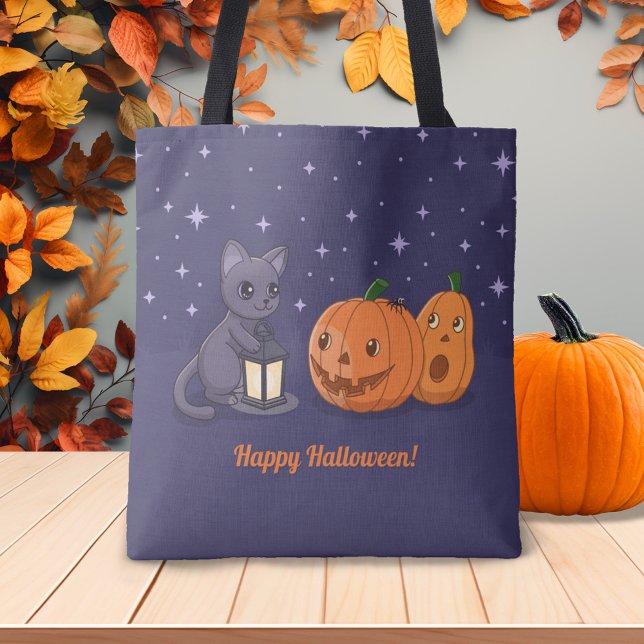 Halloween Black Cat Pumpkins Lantern Purple Tygkasse (Skapare uppladdad)