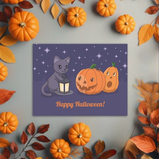 Halloween Black Cat Pumpkins Lantern Purple Vykort (Skapare uppladdad)