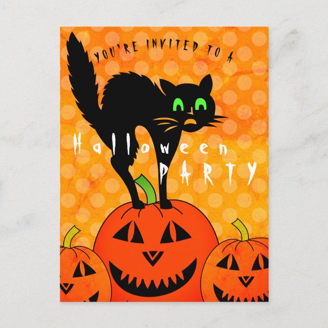 Halloween Black Cat Pumpkins Orange Party Inbjudan Vykort (Framsida)