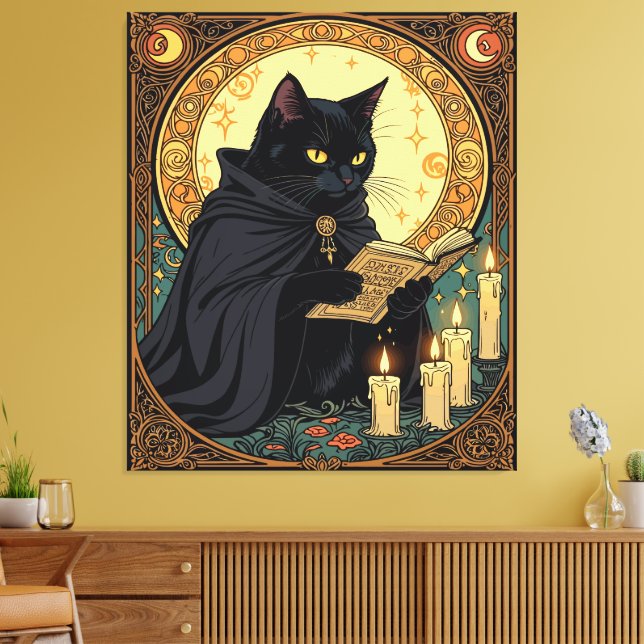 Halloween Black Cat Reading A Book Canvastryck (Insitu (Vardagsrum))
