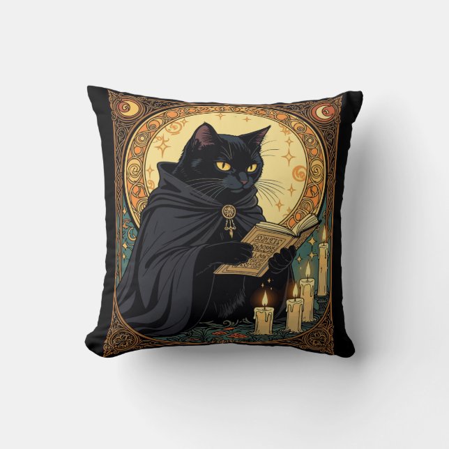 Halloween Black Cat Reading A Book Kudde (Framsida)