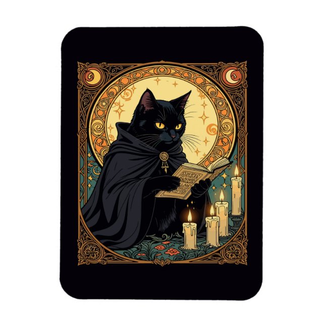 Halloween Black Cat Reading A Book Magnet (Vertikal)