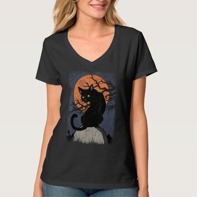 Halloween Black Cat Red Moon Spooky Black Cat Witc T Shirt (Framsida)