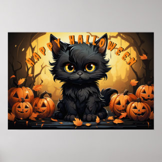 Halloween Black Cat Sitta med Jack-O'-Lanternor Poster