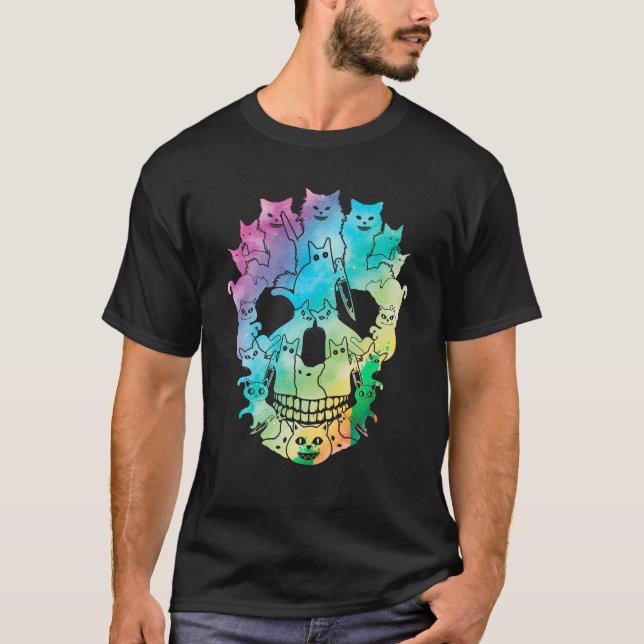 Halloween Black Cat Skull Skeleton Spooky Black T Shirt (Framsida)