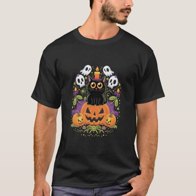Halloween Black Cat - Spooky Cat T Shirt (Framsida)