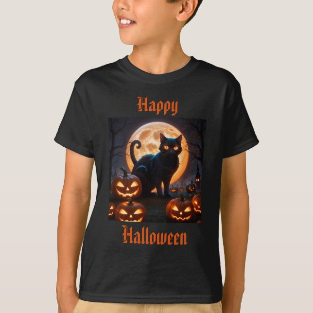Halloween Black Cat under Harvest Måne T Shirt (Framsida)