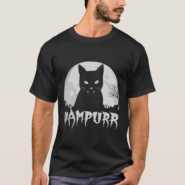 Halloween Black Cat Vampire med fullkomligt måne - T Shirt (Framsida)