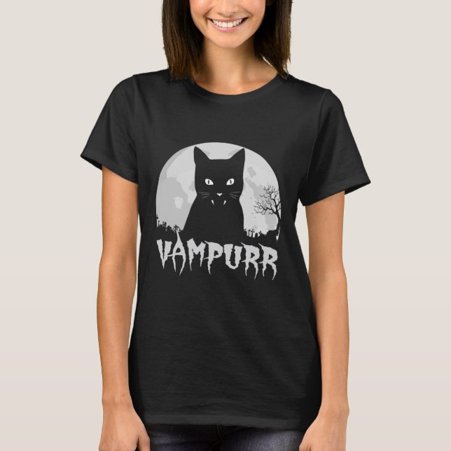 Halloween Black Cat Vampire med fullkomligt måne - T Shirt (Framsida)