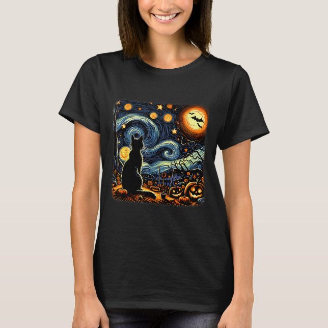 Halloween Black Cat Van Gogh Starry Night Cat Love T Shirt (Framsida)