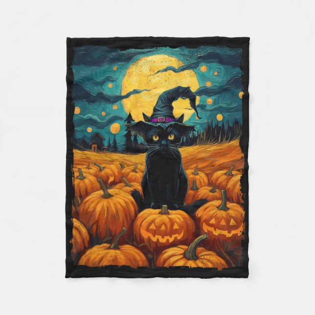 Halloween Black Cat Van Gogh Witch Kawaii Pumpkin Fleecefilt (Framsidan)