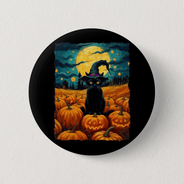 Halloween Black Cat Van Gogh Witch Kawaii Pumpkin Knapp (Framsida)