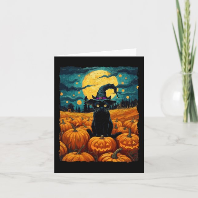 Halloween Black Cat Van Gogh Witch Kawaii Pumpkin Kort (Framsida)