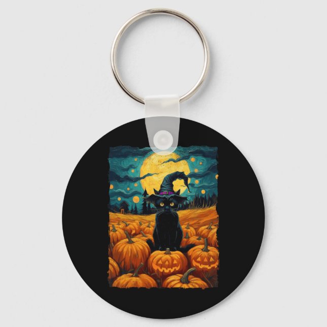 Halloween Black Cat Van Gogh Witch Kawaii Pumpkin Nyckelring (Framsida)
