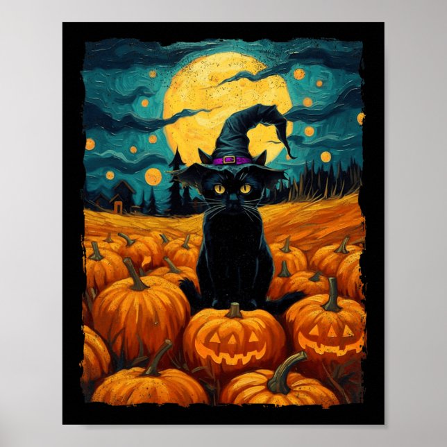 Halloween Black Cat Van Gogh Witch Kawaii Pumpkin Poster (Framsidan)