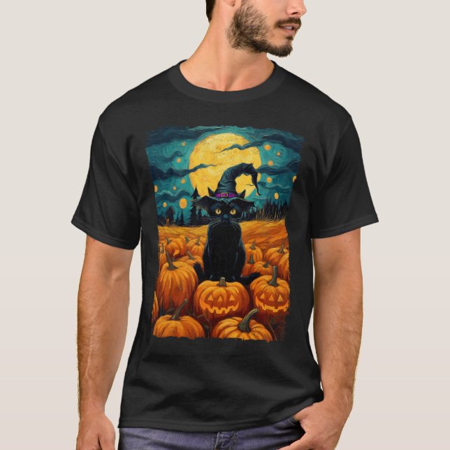 Halloween Black Cat Van Gogh Witch Kawaii Pumpkin T Shirt (Framsida)