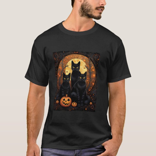 Halloween Black Cat Van Gogh Witch Kawaii Pumpkin  T Shirt (Framsida)