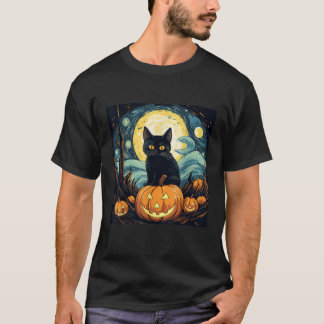 Halloween Black Cat Van Gogh Witch Starry Night Ar T Shirt