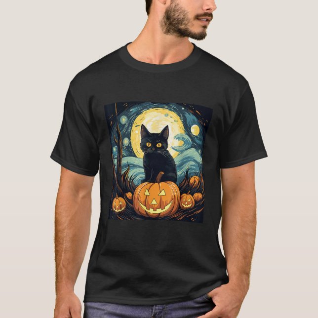 Halloween Black Cat Van Gogh Witch Starry Night Ar T Shirt (Framsida)