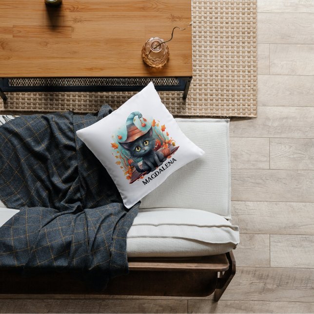 Halloween Black Cat Watercolor Kudde (Black Cat With Hat Custom Name Halloween Throw Pillow)