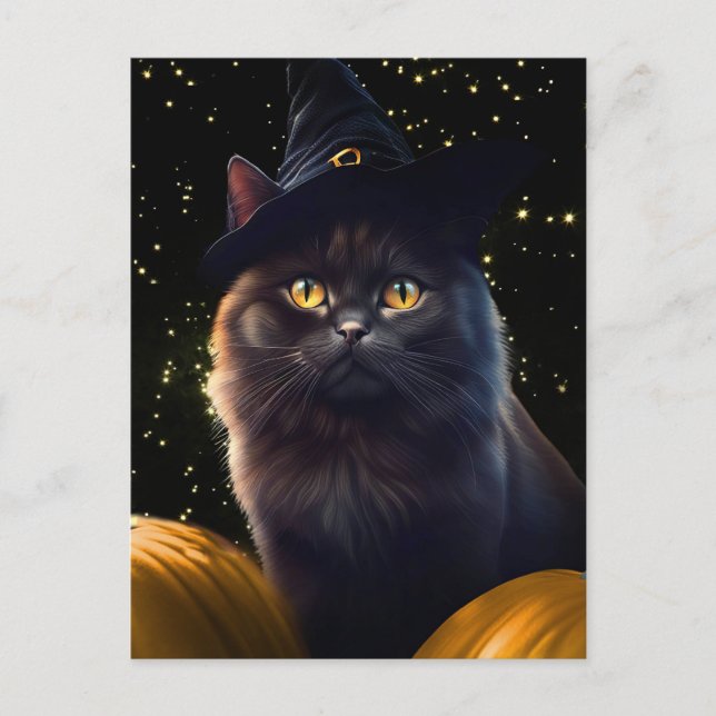 Halloween Black Cat Witch Hat and Pumpkins Helg Vykort (Framsida)
