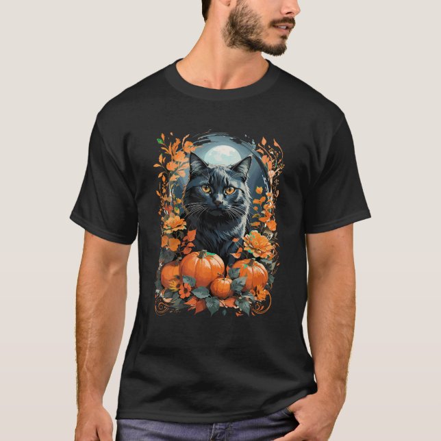 Halloween Black Cat Witch Hat Fall Vibes T Shirt (Framsida)