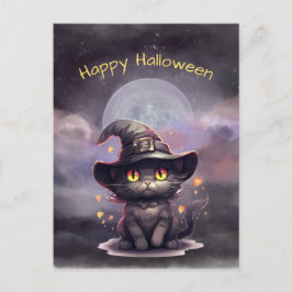 Halloween Black Cat Witch Hat Illustration Helg Vykort