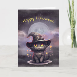 Halloween Black Cat Witch Hat Illustration Kort