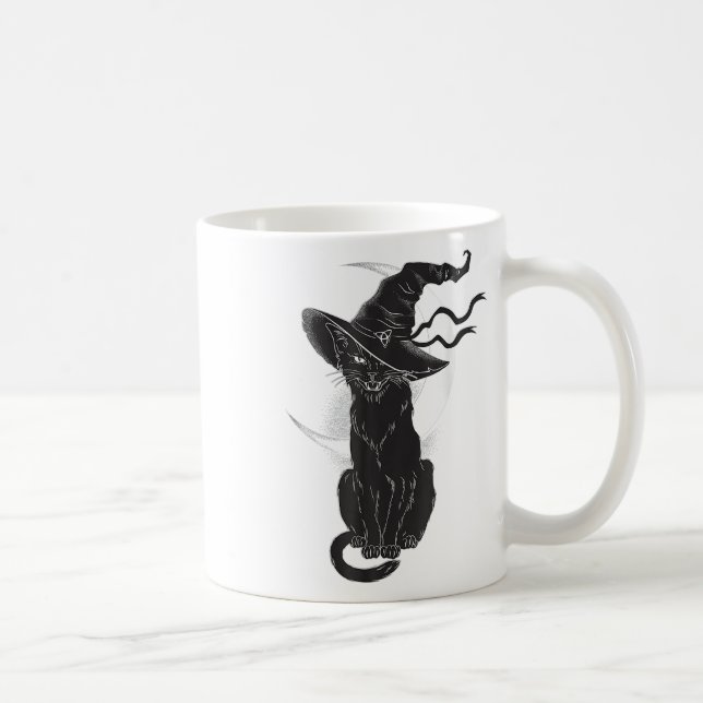 Halloween Black Cat Witch Hat Måne Kaffemugg (Höger)