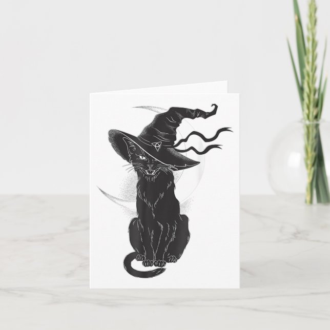 Halloween Black Cat Witch Hat Måne Kort (Framsida)
