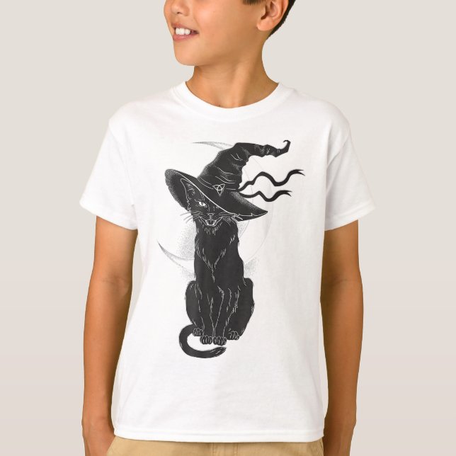 Halloween Black Cat Witch Hat Måne T Shirt (Framsida)