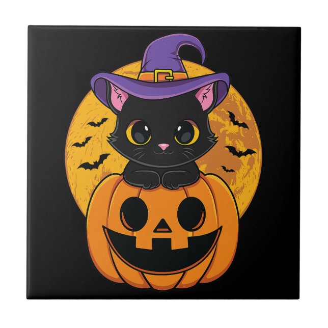 Halloween Black Cat Witch Hat Pumpkin För barn Gir Kakelplatta (Framsidan)