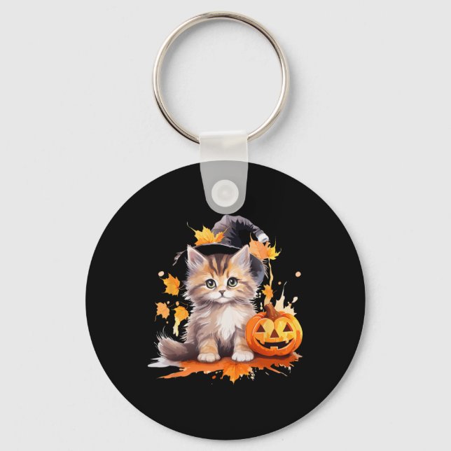 Halloween Black Cat Witch Hat Pumpkin För barn Gir Nyckelring (Framsida)