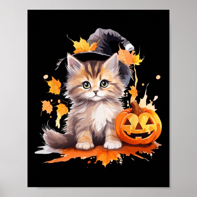 Halloween Black Cat Witch Hat Pumpkin För barn Gir Poster (Framsidan)