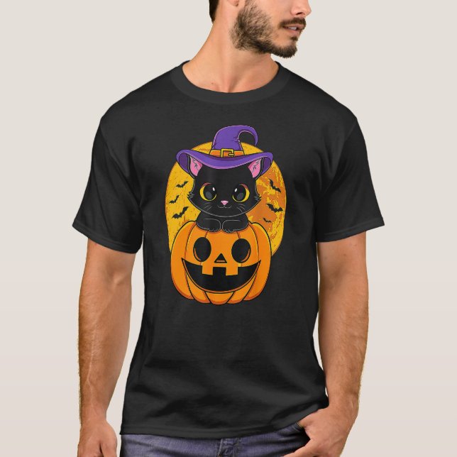 Halloween Black Cat Witch Hat Pumpkin T Shirt (Framsida)