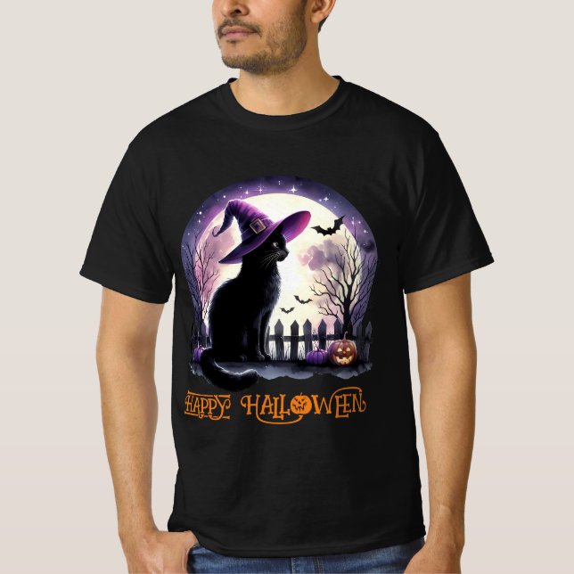 Halloween Black Cat Witch och Fladdermus T Shirt (Framsida)