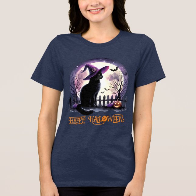 Halloween Black Cat Witch och Fladdermus T Shirt (Framsida)