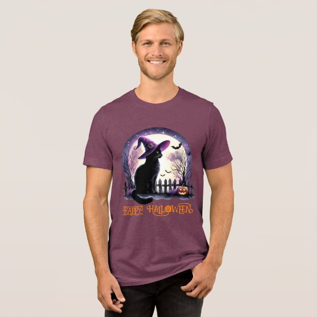 Halloween Black Cat Witch och Fladdermus T Shirt (Framsida Full)