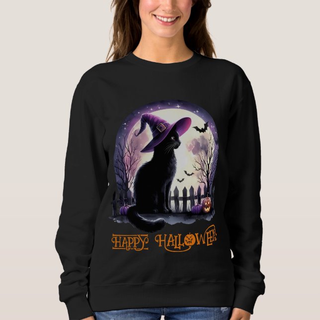 Halloween Black Cat Witch och Fladdermus T Shirt (Framsida)