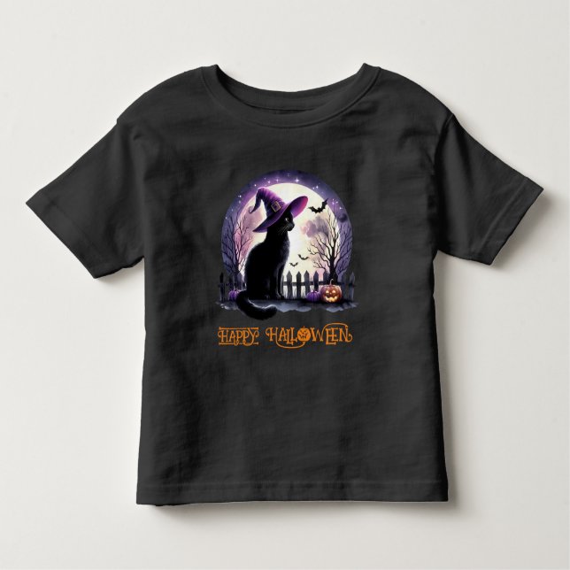 Halloween Black Cat Witch och Fladdermus T Shirt (Framsida)