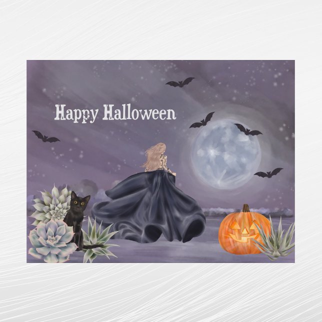 Halloween Black Cat Witch Pumpkin Succulents Fladd Helg Vykort (Skapare uppladdad)