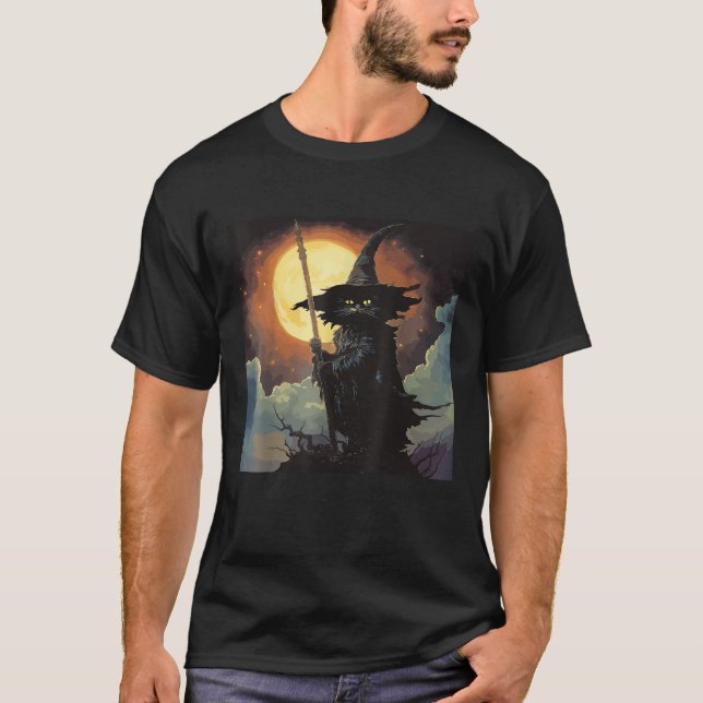 Halloween Black Cat Witch Whimsigoth T Shirt (Framsida)