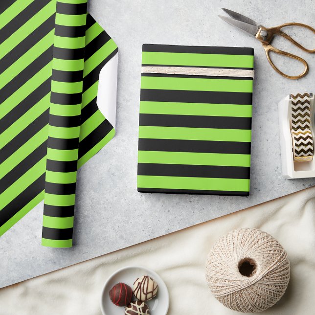 Halloween Black Grönt Rand Anpassningsbar Birthday Presentpapper (Halloween Black Green Stripes Birthday Custom Text Wrapping Paper)